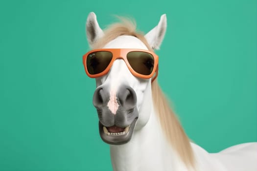 comic mammal wild concept fun goggles funny cute background portrait blue horse green animal illustration pink humor cartoon colourful sunglasses smile. Generative AI.