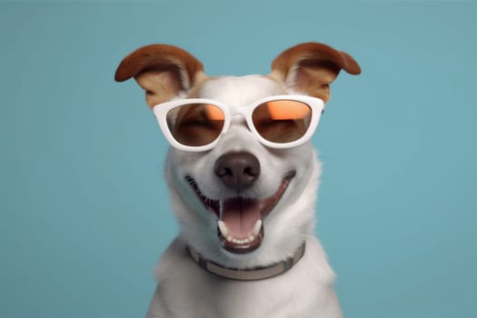 isolated dog beautiful canine small yellow funny sunglasses brown background white happy goggles pet red concept portrait smile animal cute summer. Generative AI.