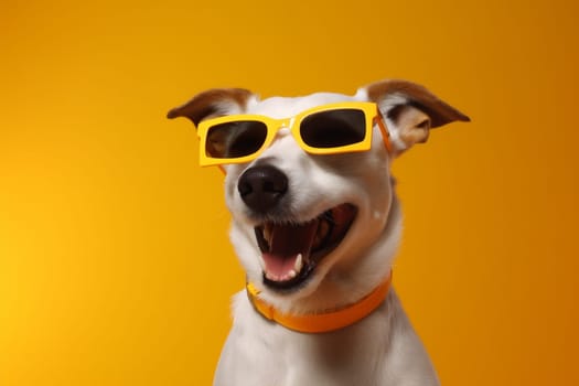 sunglasses dog glasses funny trendy birthday doggy small purebred smile concept fun pet studio cute party animal background student portrait isolated indoor. Generative AI.