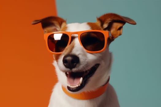 canine dog smile animal cool blue background happy purebred concept brown puppy cute pet fun summer portrait red funny isolated sunglasses. Generative AI.