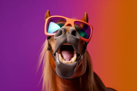 cute head pastel funny looking concept fun portrait background smile illustration colourful animal horse pink sunglasses yellow goggles isolated eye mammal. Generative AI.