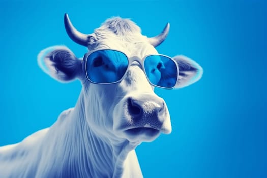 horn eyeglass space fun mammal animal background blue cow white copy funny sunglasses portrait cartoon head isolated crazy face dairy beautiful goggles. Generative AI.