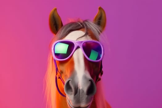 fun beauty portrait looking background head green horse cute animal goggles colourful character funny cartoon concept smile wildlife dark banner sunglasses. Generative AI.