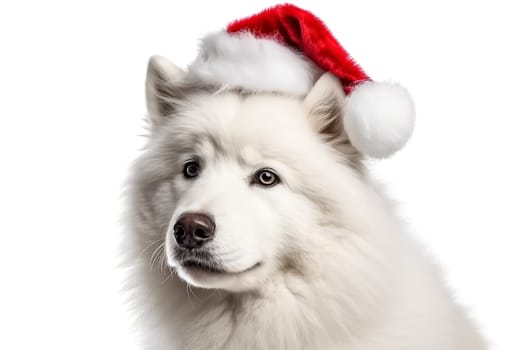 Portrait of a white fluffy samoyed dog in a Santa Claus hat. Big dog in a red Santa hat. New year or Christmas Banner with copy cpace.