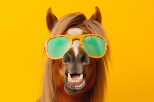 mammal funny cartoon field goggles portrait colours green character smile face background banner sunglasses fun ai horse looking animal colourful blue. Generative AI.