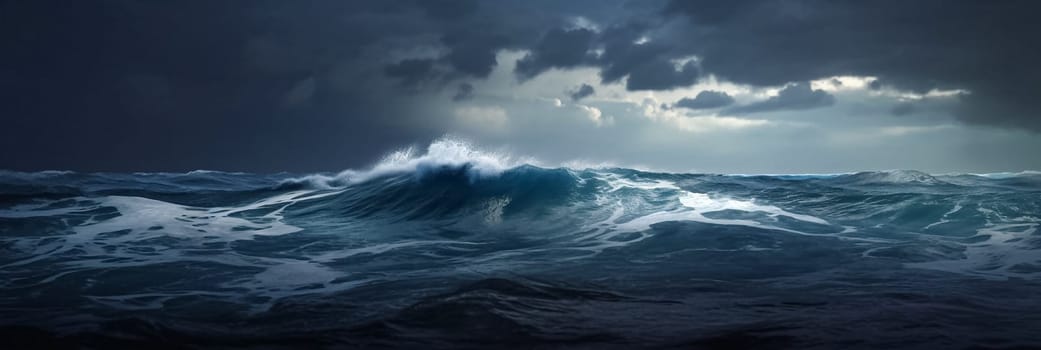 Abstract ocean waves in the storm. Ocean or sea during storm in the night. Long banner of sea waves and dark clouds on background