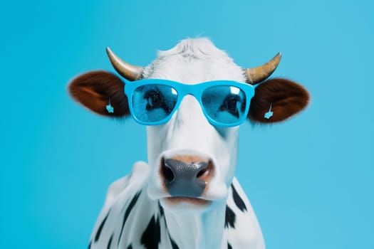 blue concept character head cool cow funny sunglasses background background studio eyeglass space white fun portrait copy smiling face isolated style animal. Generative AI.