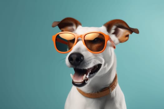 dog fun pet copy summer portrait cute sunglasses blue isolated funny breed birthday animal space stylish smile concept canine humor background brown party. Generative AI.