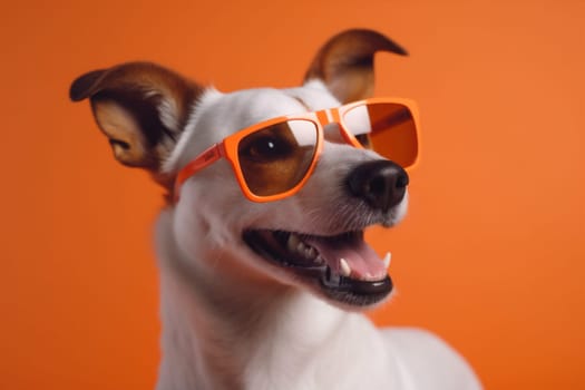 fun dog animal purebred funny sunglasses smile background isolated pink cute yellow glasses fashion humor stylish portrait canine pet concept blue. Generative AI.