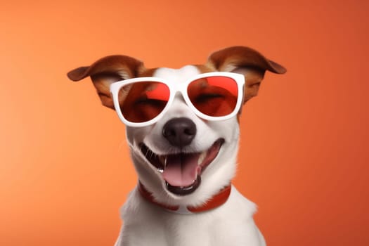 fun dog portrait isolated goggles orange pink sunglasses purebred background stylish party smile birthday doggy indoor funny animal pet cute white small. Generative AI.