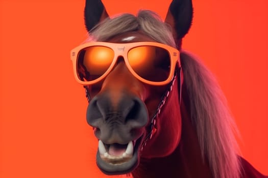 pink portrait character model looking animal nature funny horse sunglasses cartoon smile illustration studio goggles background fun colourful green comic face. Generative AI.