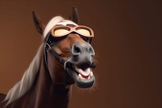 background comic nature animal field concept funny cute goggles fun yellow sunglasses portrait eye fashion horse colourful smile pet art banner. Generative AI.