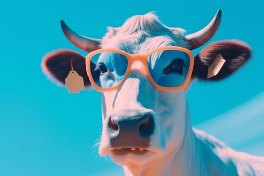 portrait funny cattle blue animal face cool sunglasses style ai bull eyeglass postcard blue farm space animal cute copy background character head cow. Generative AI.