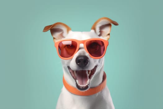 dog orange animal trendy puppy breed concept smile fashion background sunglasses student cool pet blue isolated yellow goggles cute portrait funny. Generative AI.