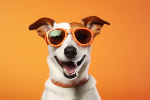 dog pink studio young happy background glasses puppy isolated stylish cool cute sunglasses smile pet small animal copy portrait space funny beautiful. Generative AI.