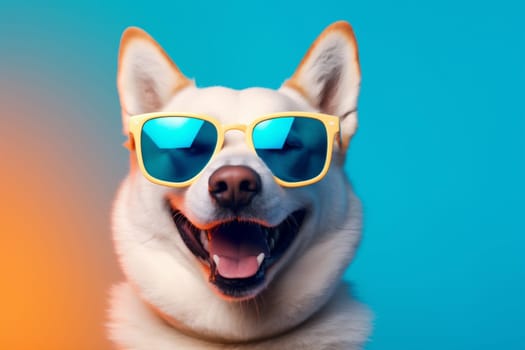 dog smile cute cool animal glasses sunglasses background space copy fun doggy purebred portrait goggles fashion studio orange isolated funny canine pet. Generative AI.