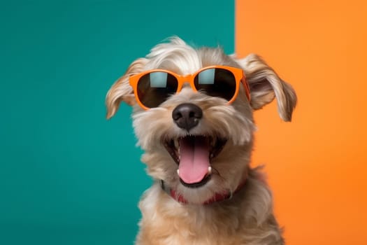 dog summer indoor funny fashion animal humor yellow cute orange sunglasses isolated domestic portrait purebred background brown adorable white pet smile. Generative AI.