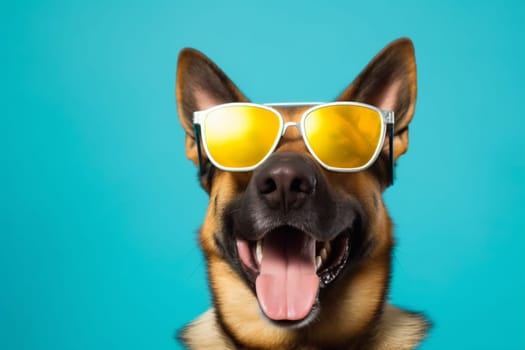 party dog pet portrait birthday brown happy blue beautiful breed animal cute friend sunglasses isolated fun trendy smile funny background yellow red. Generative AI.