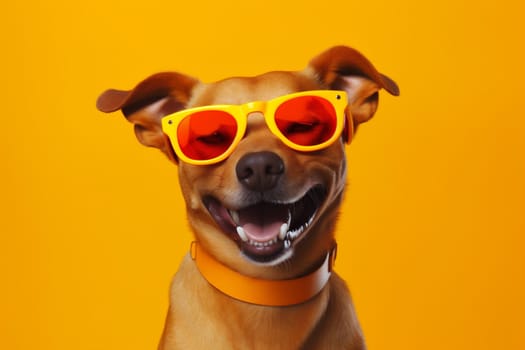 dog animal cute funny sunglasses canine beautiful isolated orange fun trendy friend glasses portrait background cool puppy smile small pet pink. Generative AI.