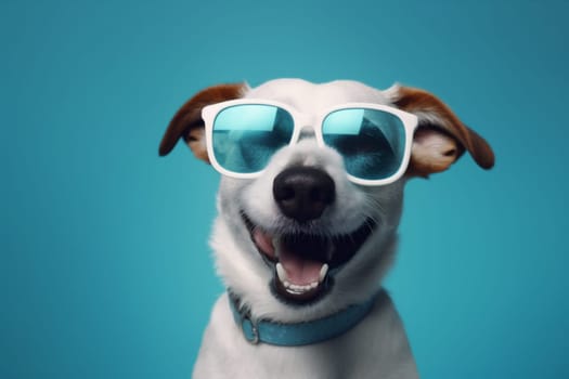 dog studio party smile brown puppy sunglasses goggles fun cute glasses isolated summer humor birthday trendy pet background funny animal student portrait. Generative AI.