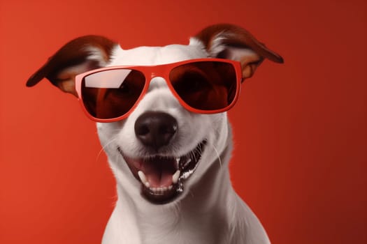 dog background happy red animal portrait smile isolated cute funny fun breed doggy indoor sunglasses goggles blue orange humor summer pet. Generative AI.