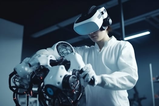 digital man innovation glasses robotic robot development intelligence device futuristic entertainment future three-dimensional university 3d equipment virtual technology research programming engineer ai. Generative AI.