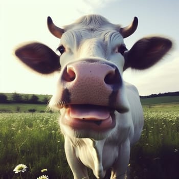 animal portrait cattle farming smile rural closeup pasture looking holstein ranch summer silly countryside cow field white farmland grass head. Generative AI.