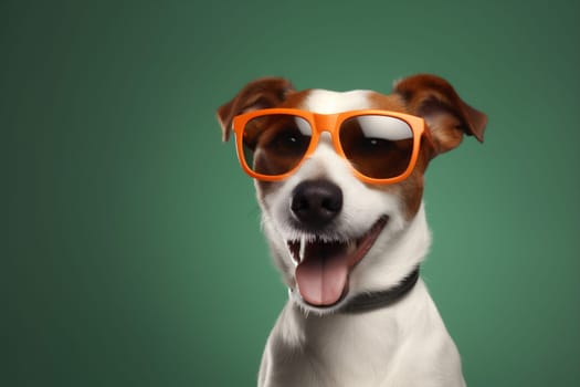 dog pink background isolated brown sunglasses animal humor funny breed canine pet copy orange glasses small cute smile portrait adorable stylish space. Generative AI.