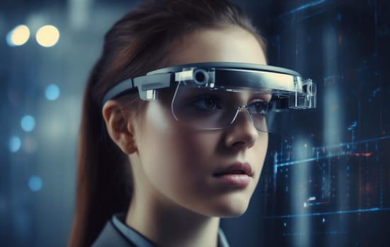 woman digital glass business female software tech innovation 3d graphic headset datum hologram future display technology online website virtual glasses futuristic. Generative AI.