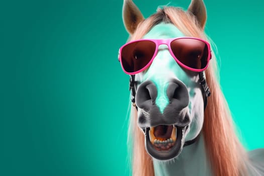 wildlife head portrait wild colourful mammal fun face animal dark horse sunglasses colours funny background art ai goggles green cute smile. Generative AI.