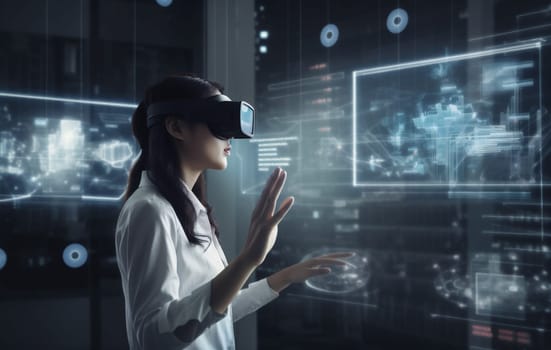 person woman technology glass future virtual virtual three-dimensional design datum screen graphic business internet glasses 3d game innovation futuristic ar digital reality. Generative AI.