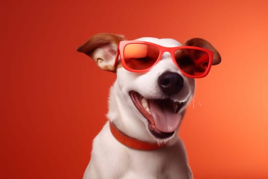 isolated dog background indoor happy doggy cute pet trendy stylish domestic humor funny animal portrait smile canine sunglasses young puppy goggles. Generative AI.