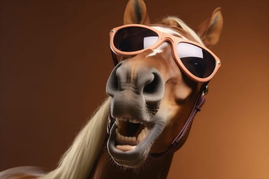 isolated sunglasses cute cartoon portrait colourful concept pink background funny face smile fun nature advert eye animal humor goggles horse studio. Generative AI.