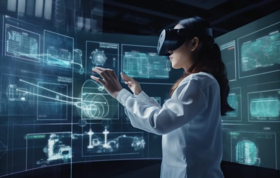 overlay woman digital datum cyberspace online goggles virtual 3d graphic technology future glasses three-dimensional business futuristic hologram software game innovation app. Generative AI.