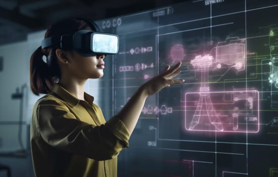 business woman virtual digital display overlay designer glass futuristic graphic glasses game datum virtual reality 3d innovation online technology cyber design hologram. Generative AI.