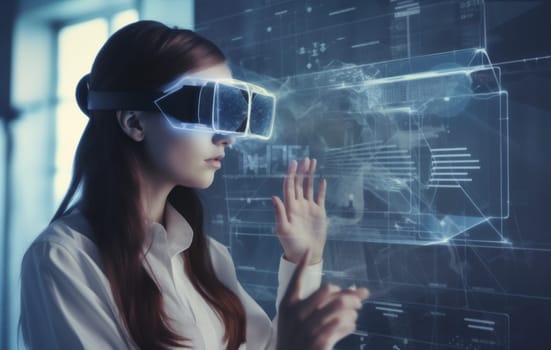 woman goggles creative work virtual network innovation graphic 3d technology tech futuristic cyber game glasses overlay datum app female digital business. Generative AI.