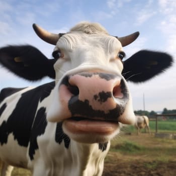 country summer farming rural silly pasture sky beef portrait ranch dairy cattle cow head smile animal closeup bovine mammal field. Generative AI.