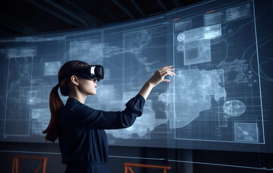 web woman future technology overlay display graphic glasses virtual reality virtual person app futuristic innovation website 3d screen digital tech business cyberspace. Generative AI.