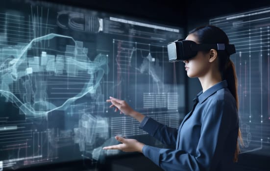 technology woman reality innovation glass computer futuristic future screen display graphic hand digital network 3d business work datum glasses virtual design. Generative AI.