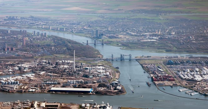 oli refinery and bridges from europoort seen from airplane