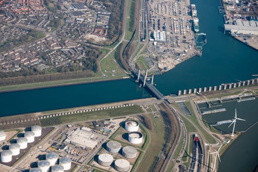 europoort oil tanks and the bridge of rozenburg called callandbridge from air plane