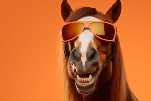 green sunglasses smile colourful cute beauty looking animal pet studio yellow isolated dark pink portrait funny fun goggles eye background horse. Generative AI.