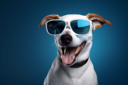 cute dog party birthday blue isolated funny background brown cool sunglasses pink doggy smile trendy fun pet stylish animal portrait small glasses. Generative AI.