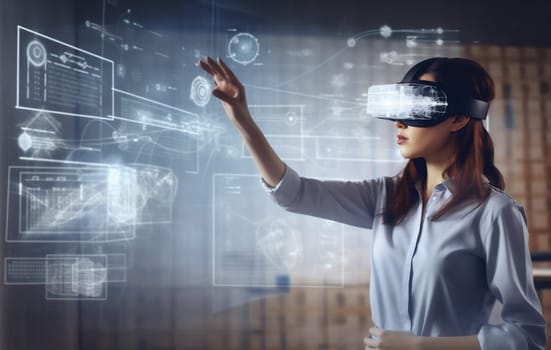 futuristic woman business female digital graphic virtual web work reality software hand headset glasses 3d technology virtual innovation screen creative three-dimensional tech. Generative AI.