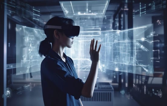 woman virtual glasses design cyber female virtual reality technology work network display online headset business graphic futuristic digital three-dimensional goggles 3d innovation. Generative AI.