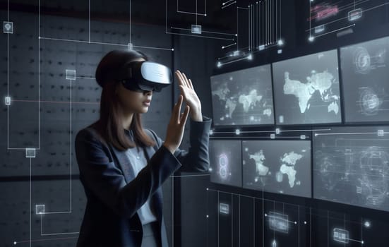 digital woman reality cyber display website online graphic innovation cyberspace app business web internet virtual virtual 3d glasses futuristic technology future designer. Generative AI.