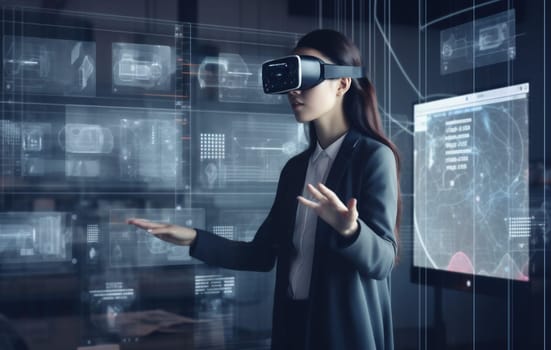 woman future business display overlay graphic work futuristic web technology glasses 3d network digital innovation virtual tech headset goggles person hand. Generative AI.