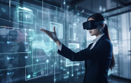 datum woman technology software 3d futuristic business overlay graphic cyberspace internet reality digital innovation headset future design computer virtual creative glasses. Generative AI.