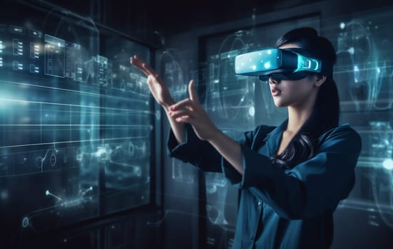 woman software virtual ar datum innovation digital 3d hand glass cyberspace website three-dimensional business display futuristic tech app graphic technology glasses. Generative AI.