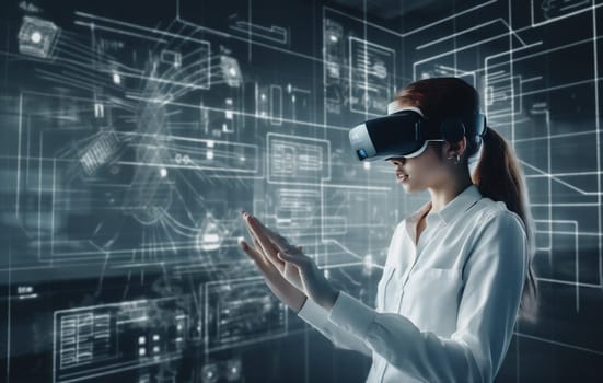 cyberspace woman future overlay virtual headset creative digital technology web futuristic graphic glasses 3d innovation game virtual business software reality goggles ar. Generative AI.